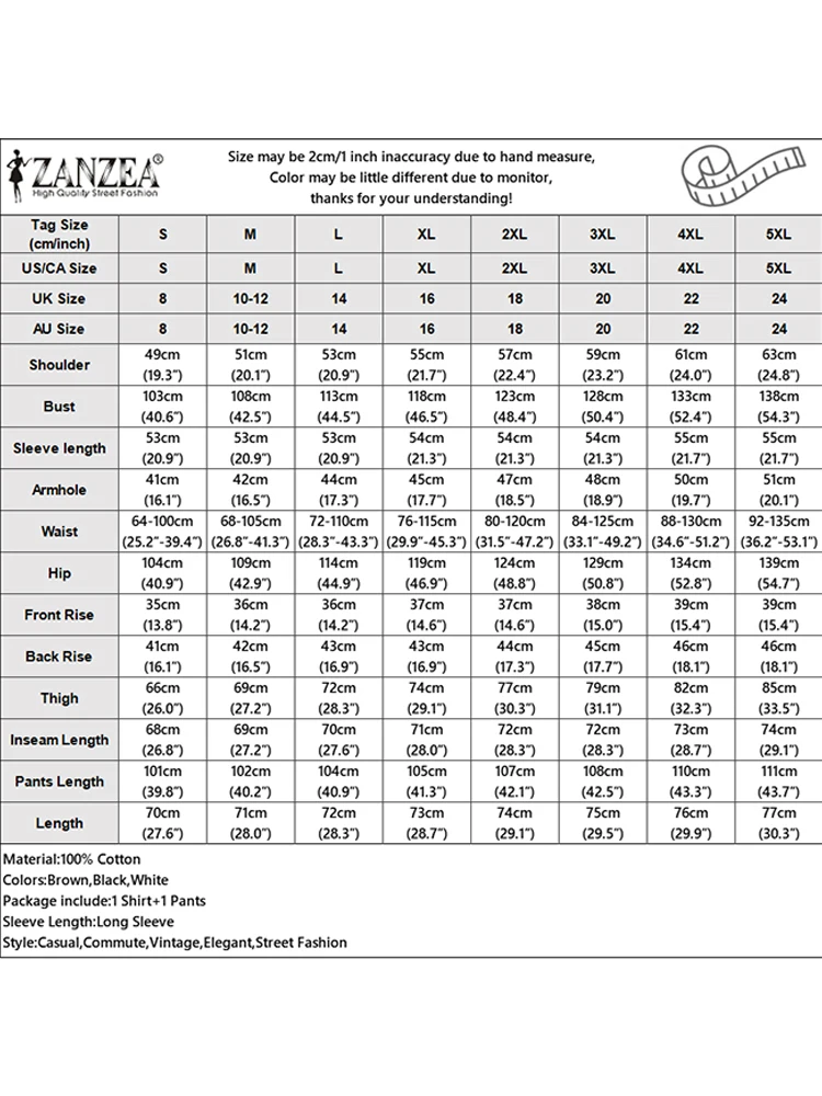 ZANZEA Frauen Baumwolle Hose Sets Vintage Langarm Shirts Breite Bein Hosen Outfit 2025, Casual OL Arbeit Anzüge Übergroßen Passenden Sets