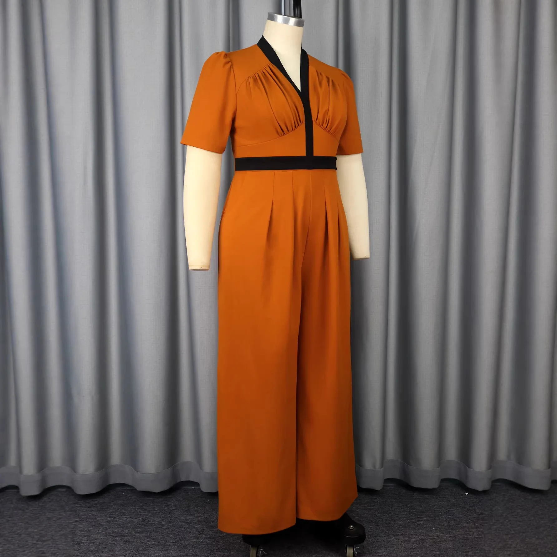 Plus Size V-neck Pleated Jumpsuit For Women Color Block Waist High-end Elegant Wide-leg Pants Women Dresses