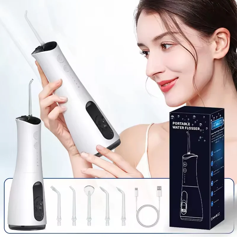 

Ирригатор для полости рта Портативная стоматологическая водная нить USB Перезаряжаемая водоструйная нить Зубочистка 5 струйных наконечников 300 мл 4 режима Чистка зубов
