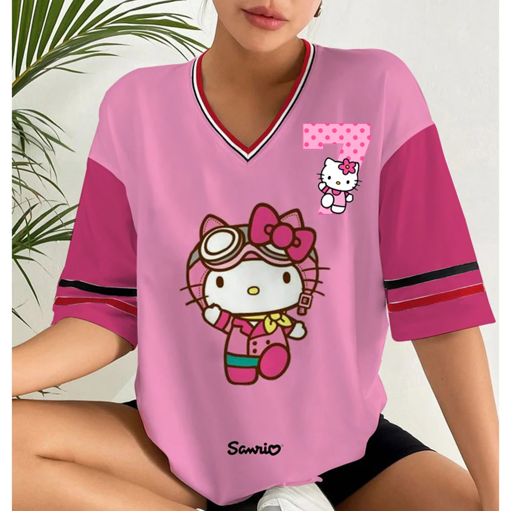 

Новая летняя футболка с принтом Hello Kitty 7, женская футболка с круглым вырезом и короткими рукавами, сетчатый спортивный футбольный трикотаж Y2K, свободные топы большого размера
