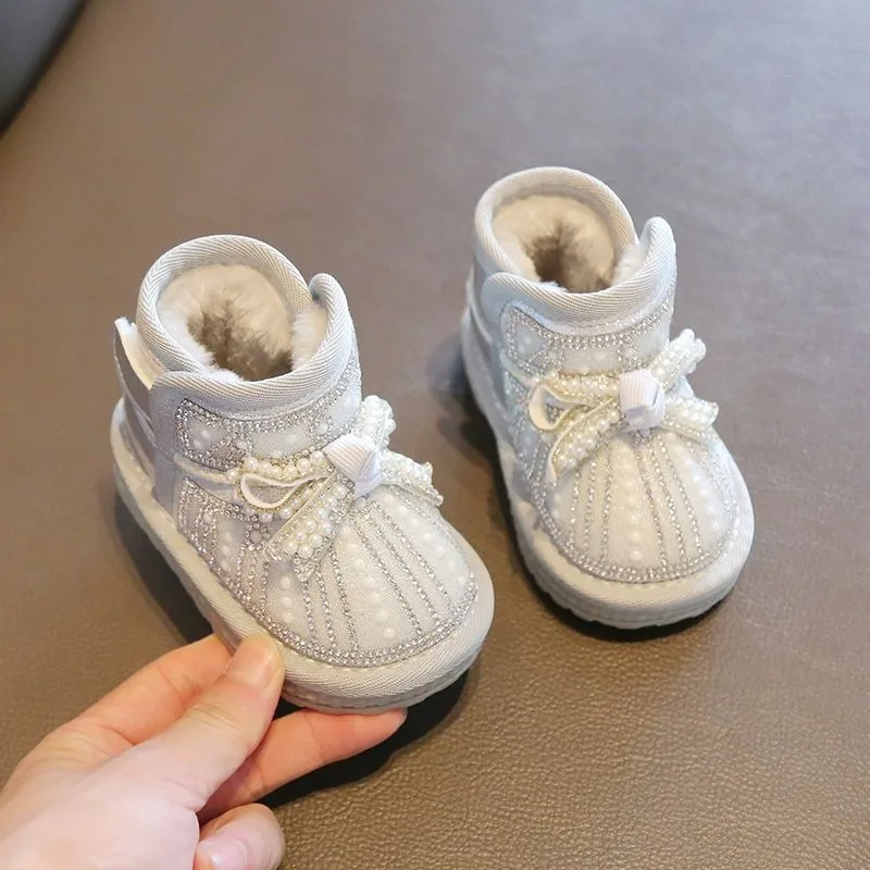 

Toddler Girls Winter Short Snow Boots 1-3 Years Old Princess Style Fleece Lined Baby Walking Shoes for Little Kids