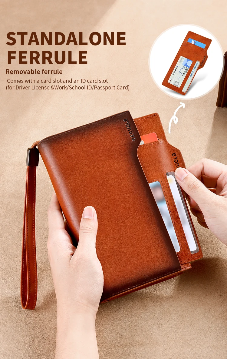 Neue Herren-Geldbörse aus echtem Leder, lange Handtasche aus Rindsleder, für Reisen, leicht, minimalistisch, große Kapazität, Diebstahlschutz, Farbverlauf, Gelb, Br – Detail 6