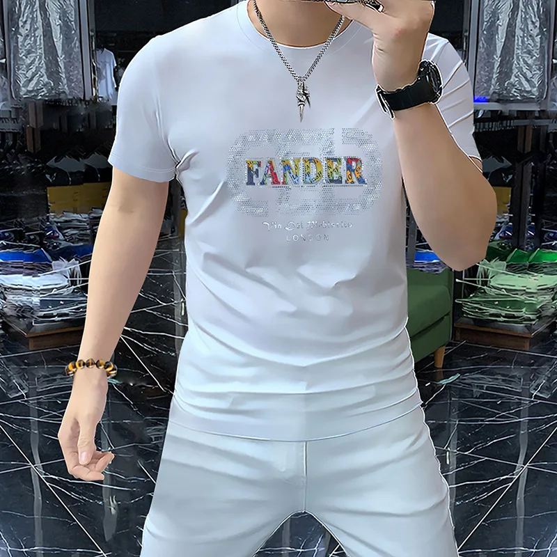 

Trendy 2025 Men's Ice Silk T-Shirt Breathable Summer Short Sleeve Slim Fit Round Neck Jacquard Design Luxury Casual Tees Clothes