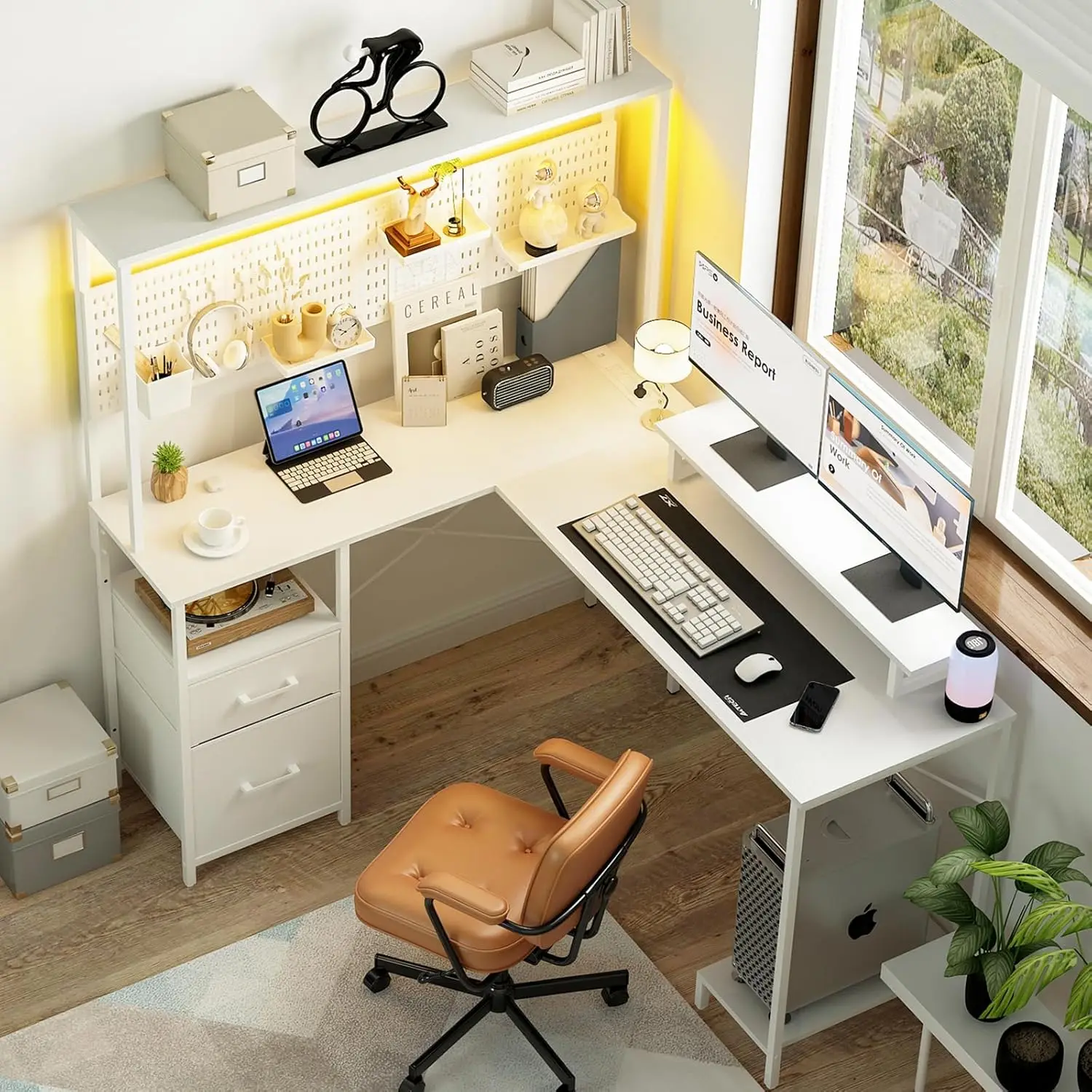 L Shaped Gaming Desk with Pegboard, Reversible Computer Desk with Drawers & Storage Shelves, LED Lights & Power, Customized — L