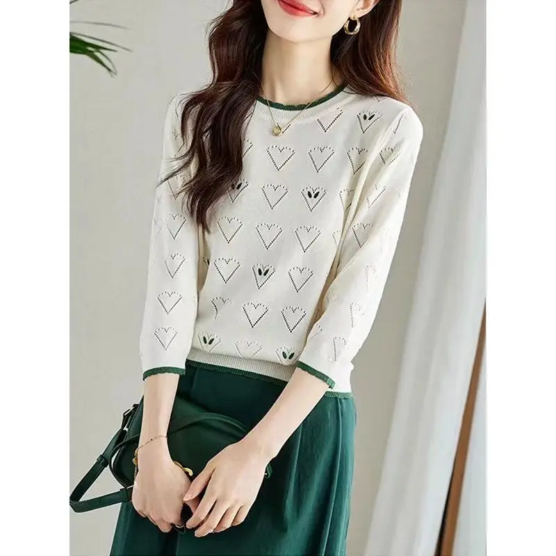 Women Clothing Solid Patchwork Pick Hole Knit Pullovers Spring Summer Casual Loose All-match Sweater Office Lady Chic O-neck Top