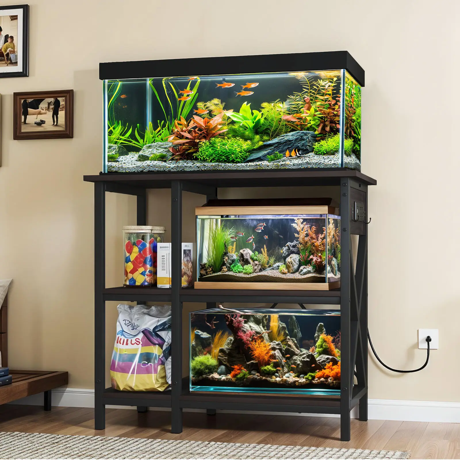 

Aquarium Stand 37 Gal Fish Tank Cabinet 3 Tier w/ Power Outlets