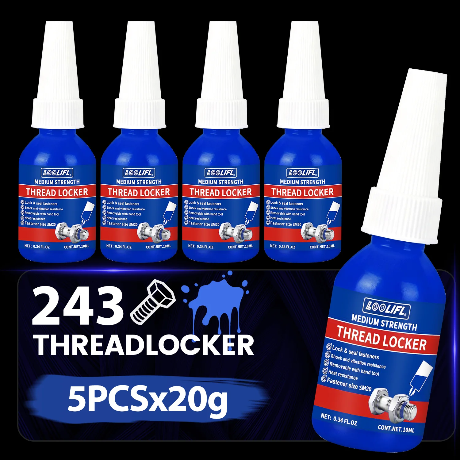 

LOOLIFL 5PCS 10ml 243 Thread Locker Medium Strength Blue Threadlocker Removable Screw Glue Anti Vibration Sealant For Bolts Nuts