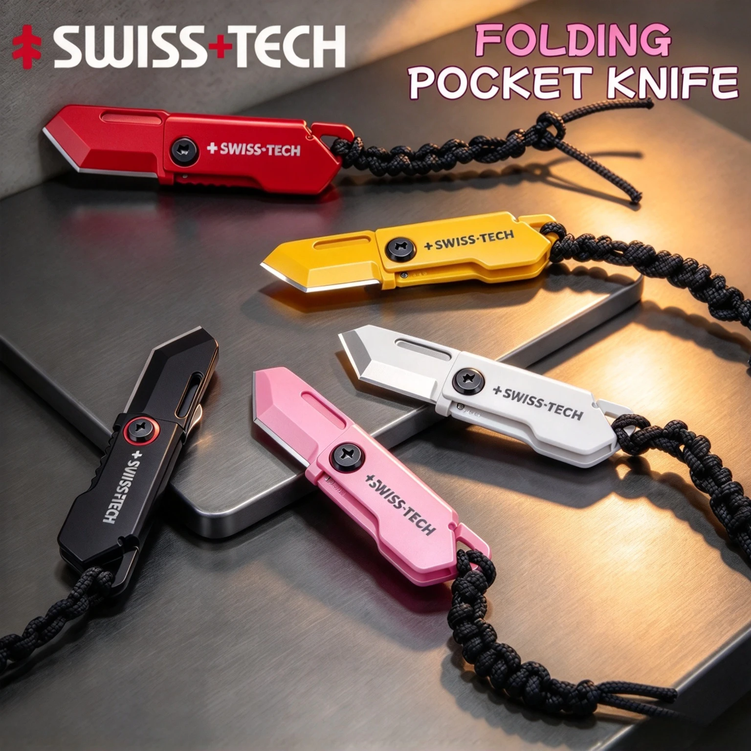 SWISS TECH Mini Pocket Knife Folding Keychain Unpacking Knives Outdoor EDC Knifes Utility Box Cutter with Portable Rope Lanyard