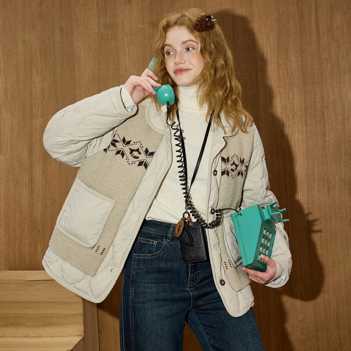 Abrigo acolchado de invierno 90% para mujer, Parka con cuello de mezcla de punto, patrón de rejilla de calabaza, diseño de solapa texturizada, ajuste relajado a medida