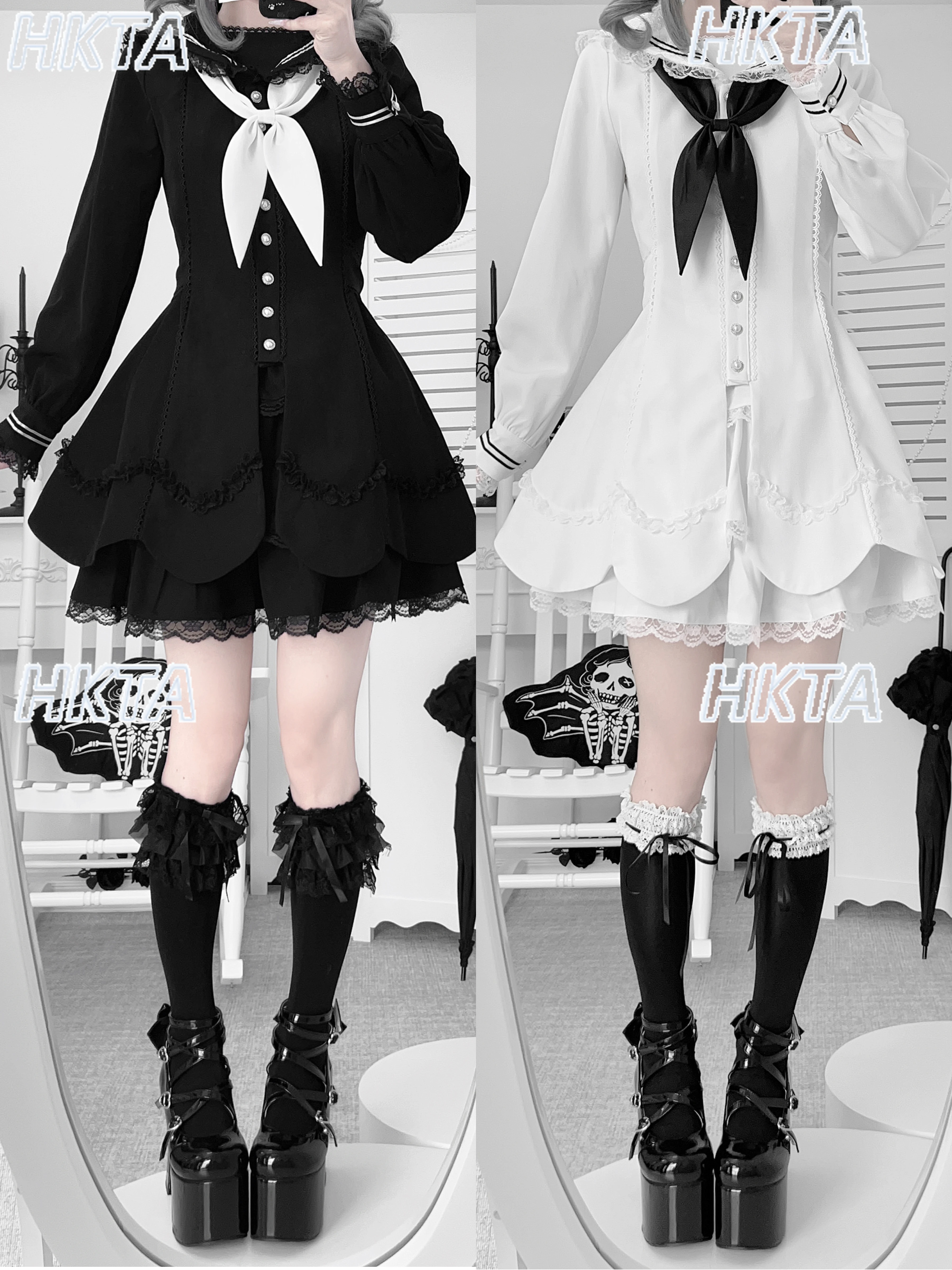 

Japanese Style Subculture College Autumn Elegant Lace Sailor Collar Long Sleeve Slim White Black Dress Cake Mini Skirt Set Women