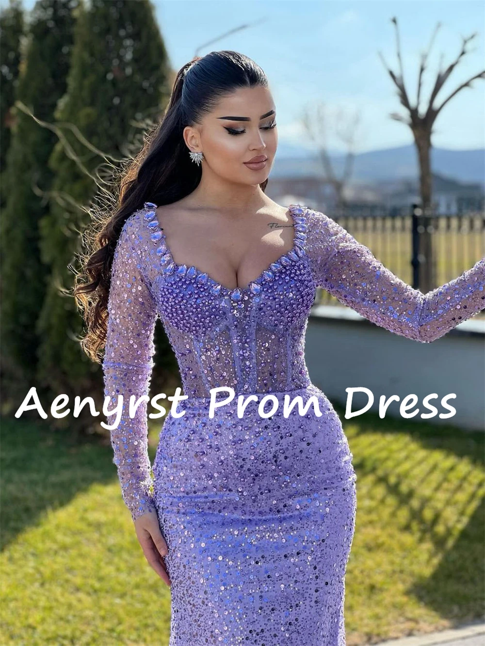 Aenyrst-Robes de Rhchérie violet brillant à paillettes pour femmes, robes d'invité de mariage, soirée sirène en cristal, quelle que soit la longueur au sol