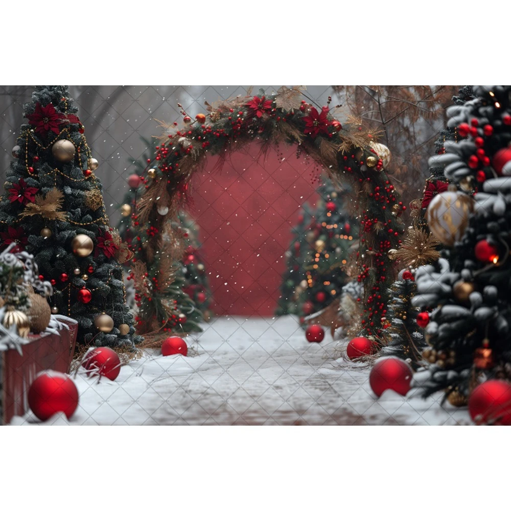 Red Christmas Background Photography Glitter Xmas Tree Arch Door Snowy Backdrop Winter Kids Birthday Party Studio Props image 4