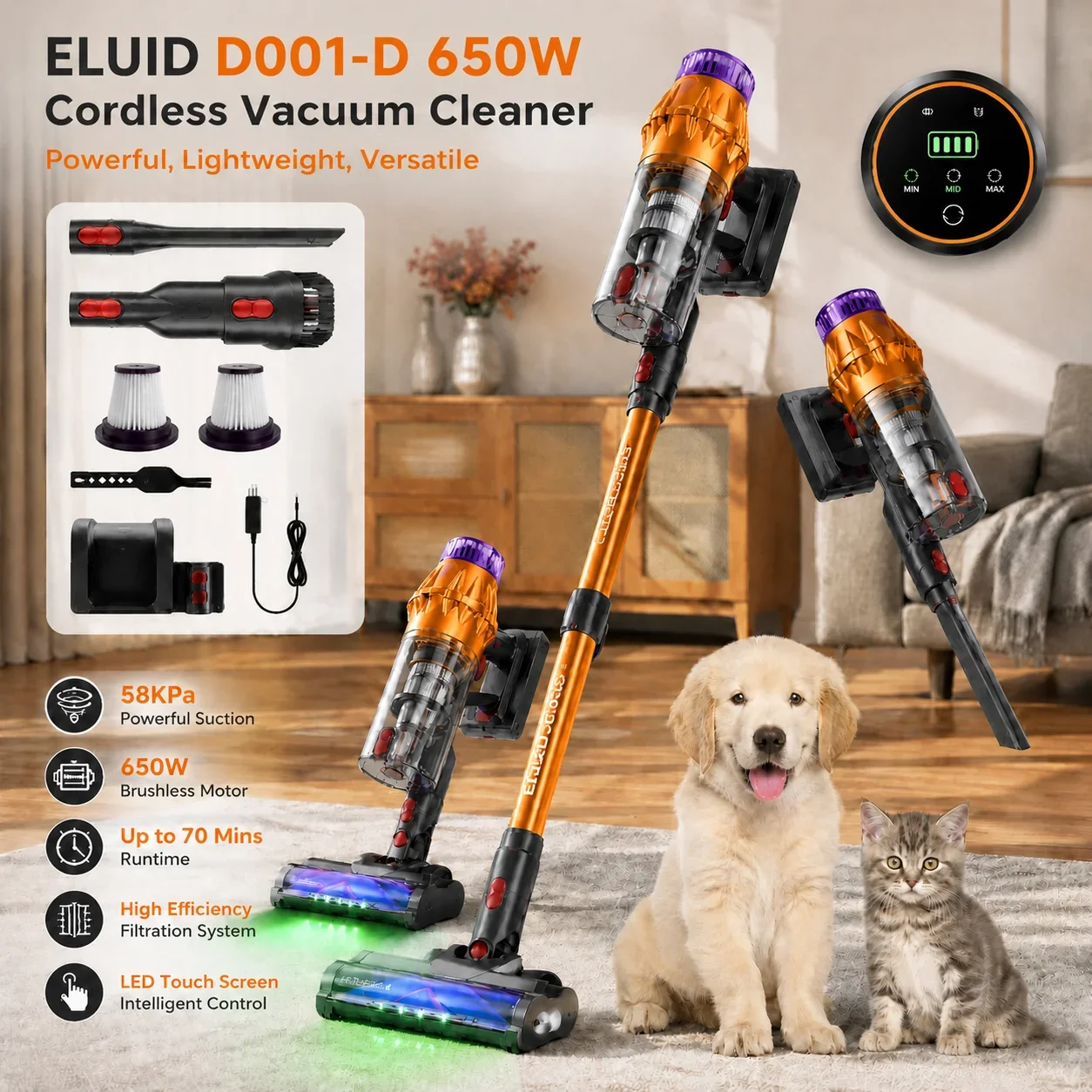 Cordless Stick Vacuum Cleaner, 650W High Power Motor & 58KPa Strong Suction, 70-Min Long Runtime Vacuum with Touch Screen, Self-Standing Design and Anti-Tangle Brush for Pet Hair, Carpet, Hardwood Floor and Home Cleaning