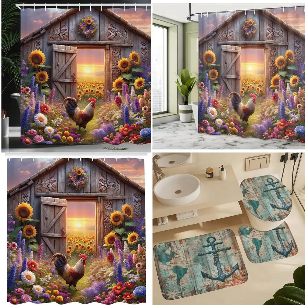 

Винтажная занавеска для душа с петухом и цветком: красочный тканевый декор для ванной комнаты с тематикой закатов на фермерском доме
