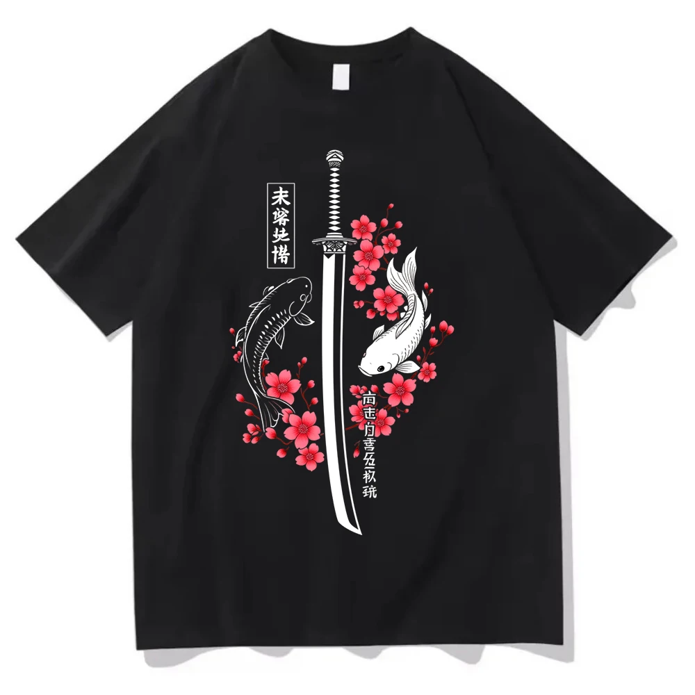 Japanese Koi Fish Katana T Shirt Sakura Cherry Blossom Tee Harajuku Streetwear Top Vintage Samurai Aesthetic Unisex Shirt