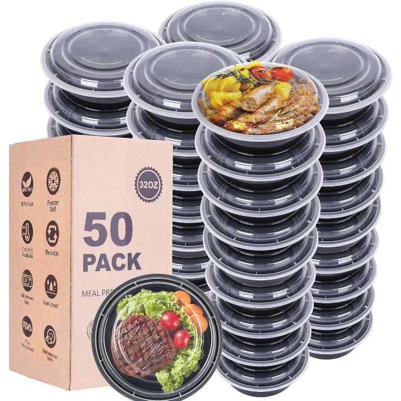 

Meal Prep Containers with Lids - 50Pack 32OZ Meal Bowls, Round To Go Containers, BPA-Free, Freezer & Dishwasher Safe