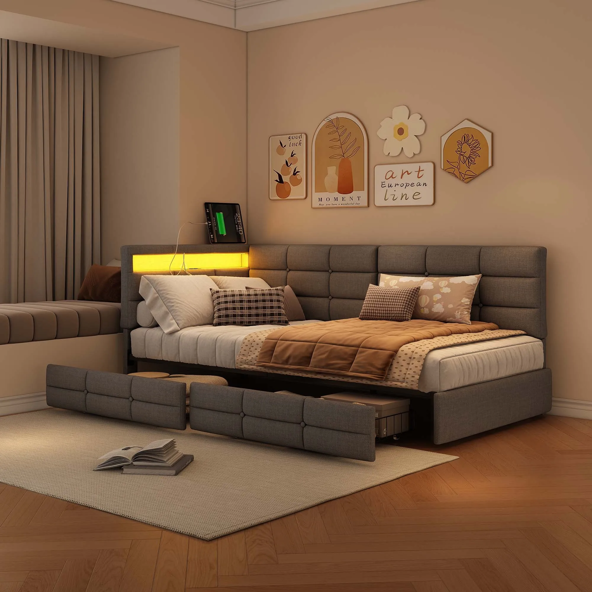 Rosahqnda eenpersoonsbed 90 x 200 cm, gestoffeerde slaapbank, met LED-verlichting en USB, jeugdbed met lattenbodem, dagbed, zonder matras