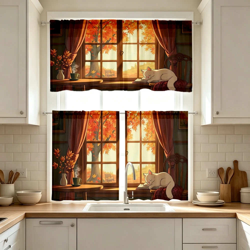 Fall Kitchen Curtains, Window Cat Autumn Scene View, Digital Print, Kitchen Dining Room, Rod Pocket Polyester, Home Decor