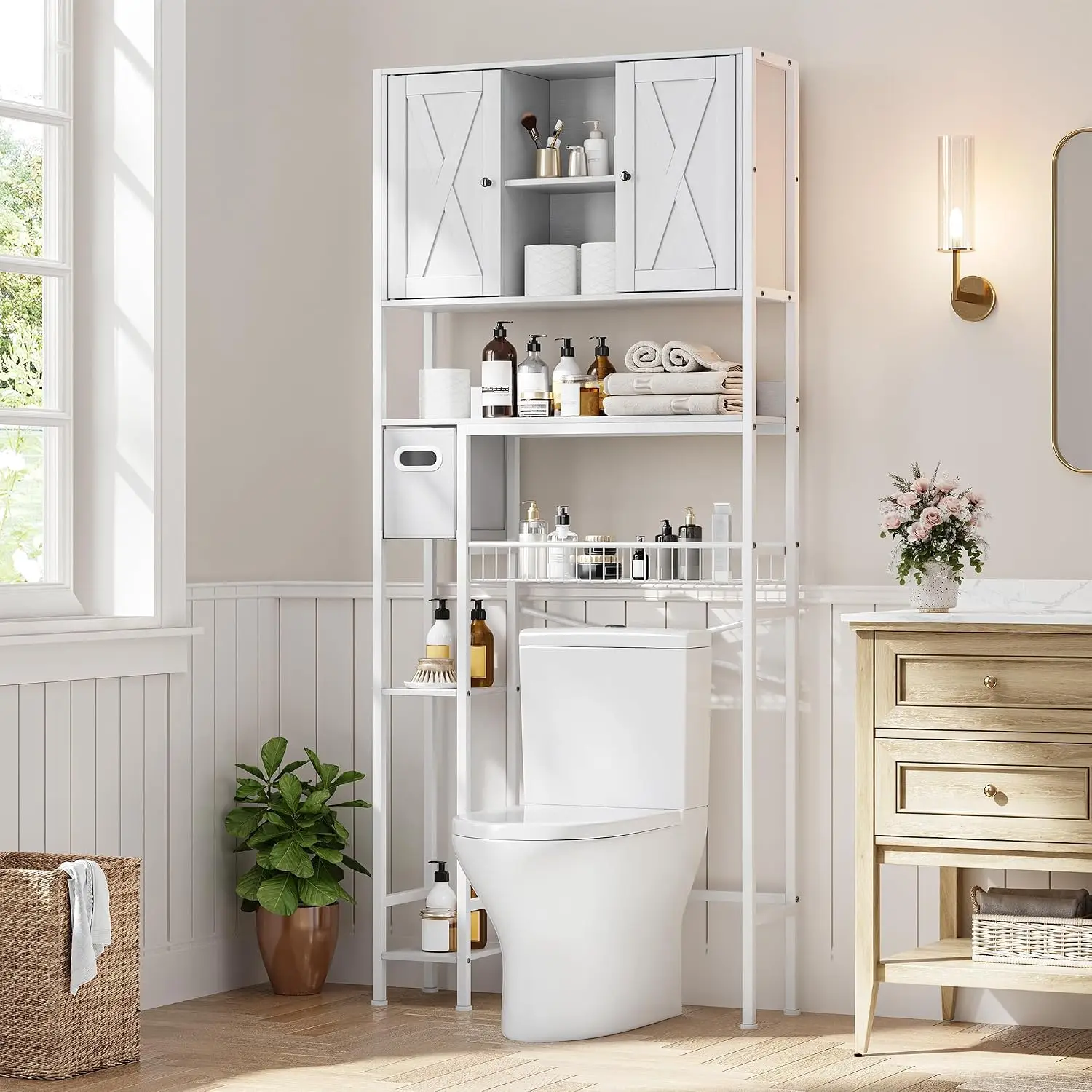 2-Door Bathroom Cabinet Over Toilet, Freestanding Space-Saver Shelf with Paper Holder, Water-Resistant, Customized