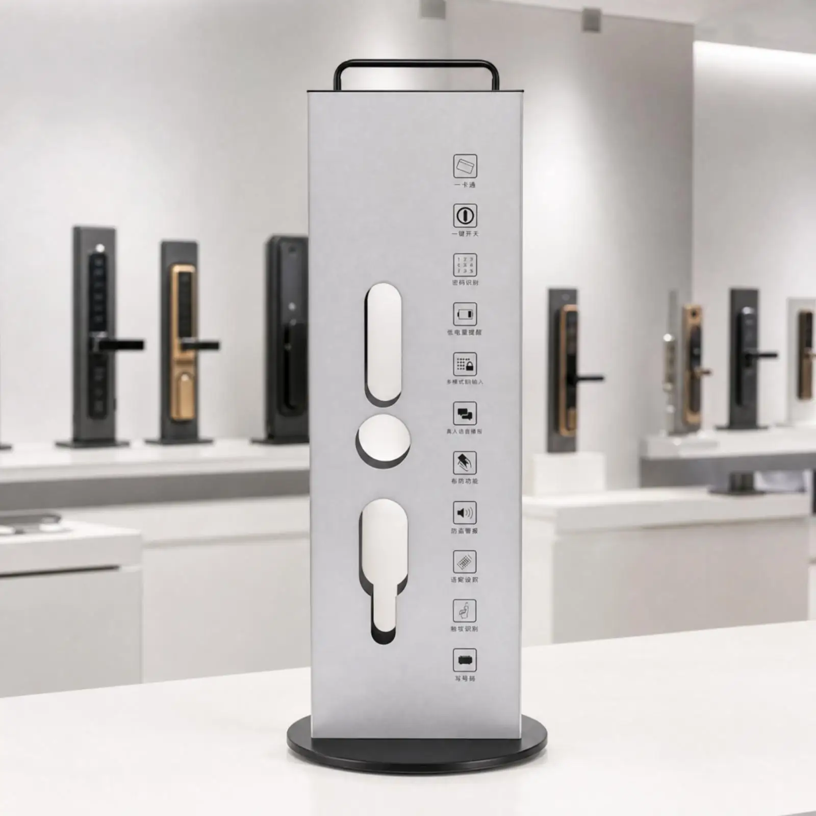Iron Rotating Lock Display Stand for Electronic Lock Key Shop Showroom with Painted Metal Body and Ebony Base