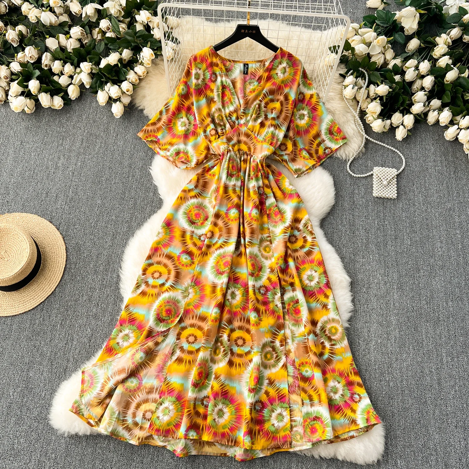 Nuova estate profondo scollo a V romantico stampa floreale abito da donna elegante manica corta divisa abiti da festa vacanza abito da donna