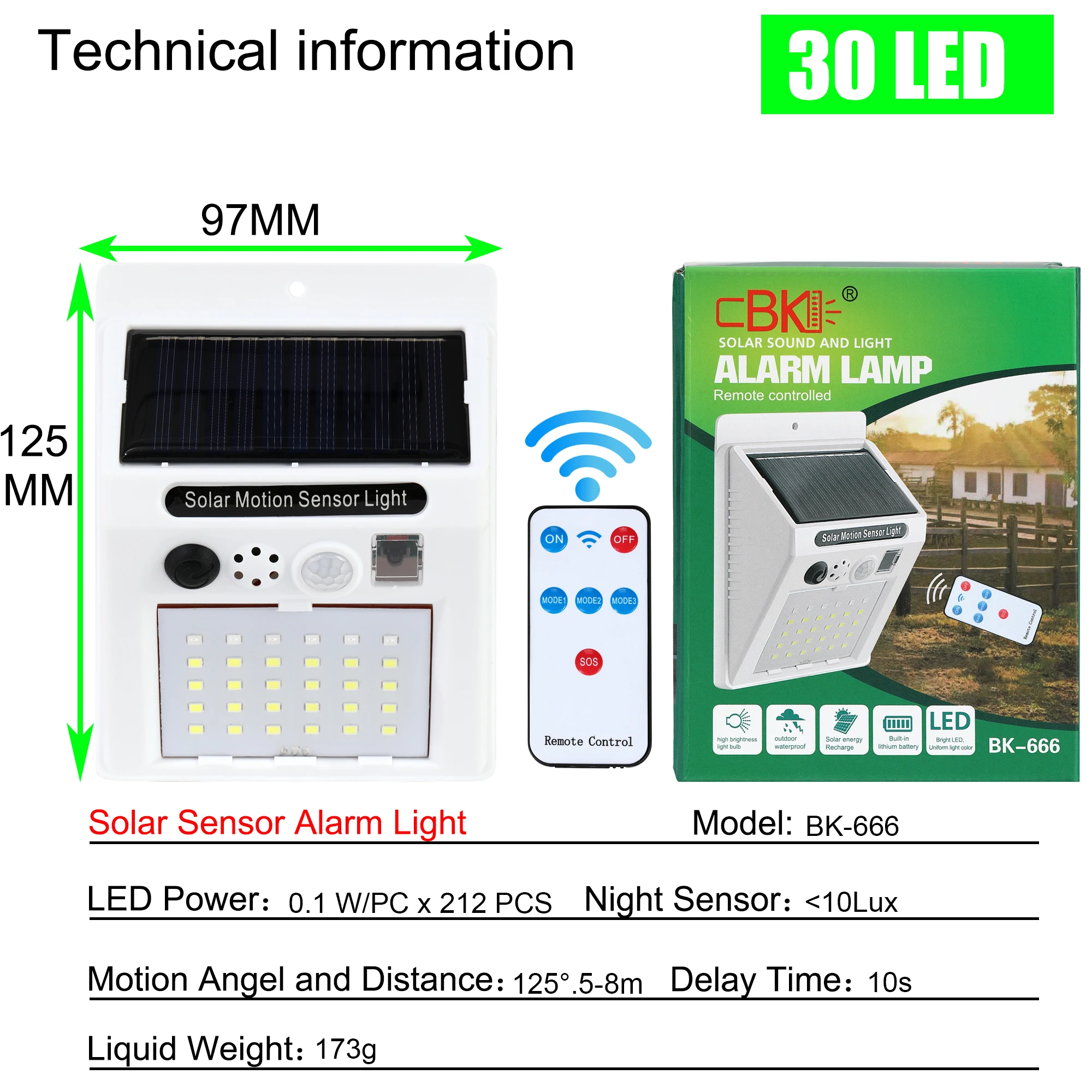 Nowy czujnik solarowy lampa alarmowa Alarm z pilotem 30 świateł tryb trzech prędkości, aby przestraszyć złodziei kinkiet lampa uliczna