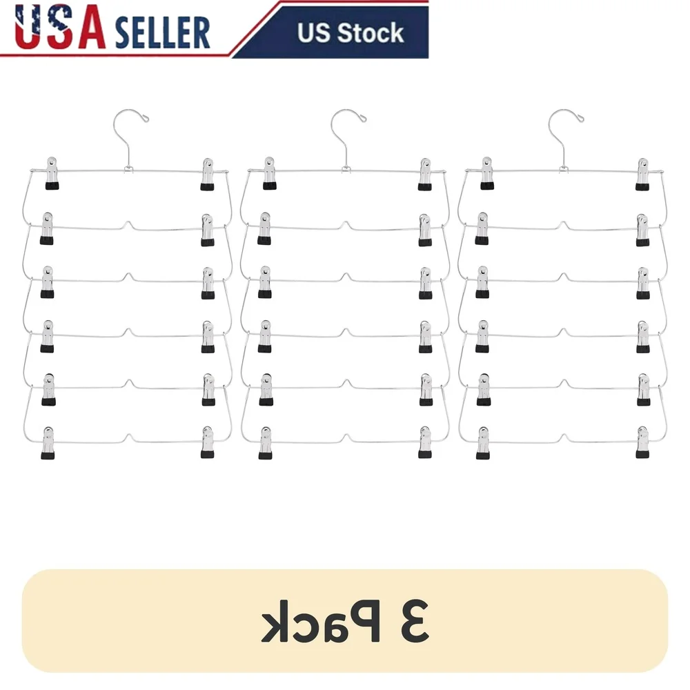 

6-Tier Metal Skirt Hanger Space Saving Adjustable Clips Heavy Duty Chrome Finish Durable Organizer Clothes Towels Kitchen
