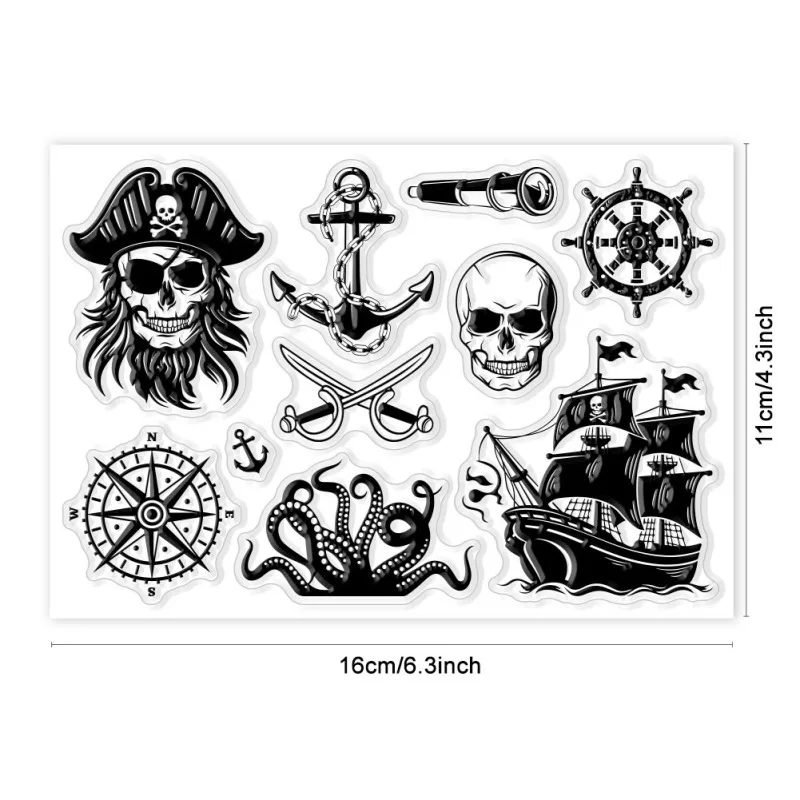 1Sheet Pirate Navigation Clear Stamps Pirate Ships Captains Skeletons Silicone Clear Stamp Seals for DIY Scrapbooking Cards