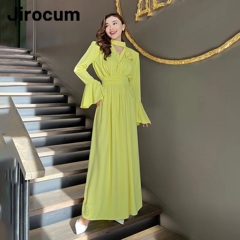 

Jirocum Saudi Yellow A Line Prom Gowns Women's Floral Sweet Bell Sleeve Party Evening Gown Floor Length Formal Occasion Dress