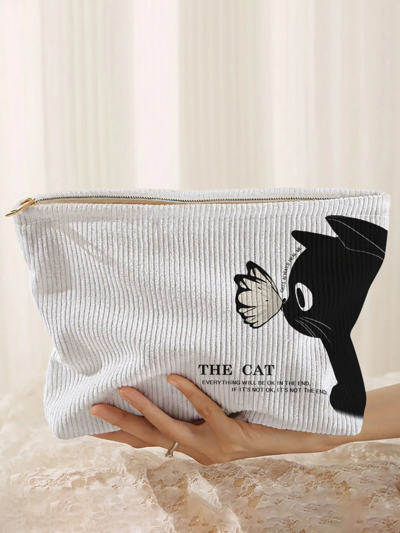Black cat butterfly letter print corduroy makeup bag, lightweight zipper pouch, multi-purpose lined cosmetic storage bag