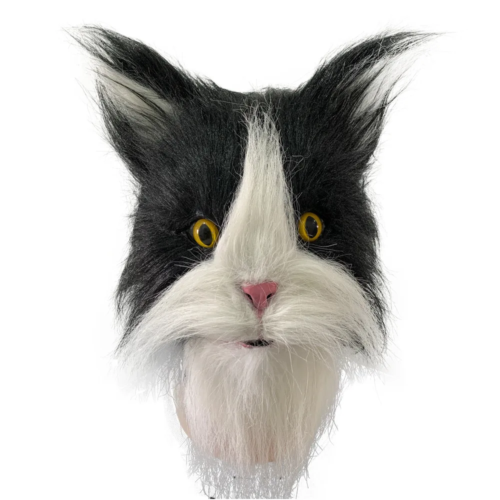 Realistische Flauschige Katzenmaske, Schwarz-Weiße Pelzige Tier-Vollkopfmaske, Latex-Katzenkopfmaske für Halloween, Cosplay und Maskenpartys – Detail 6