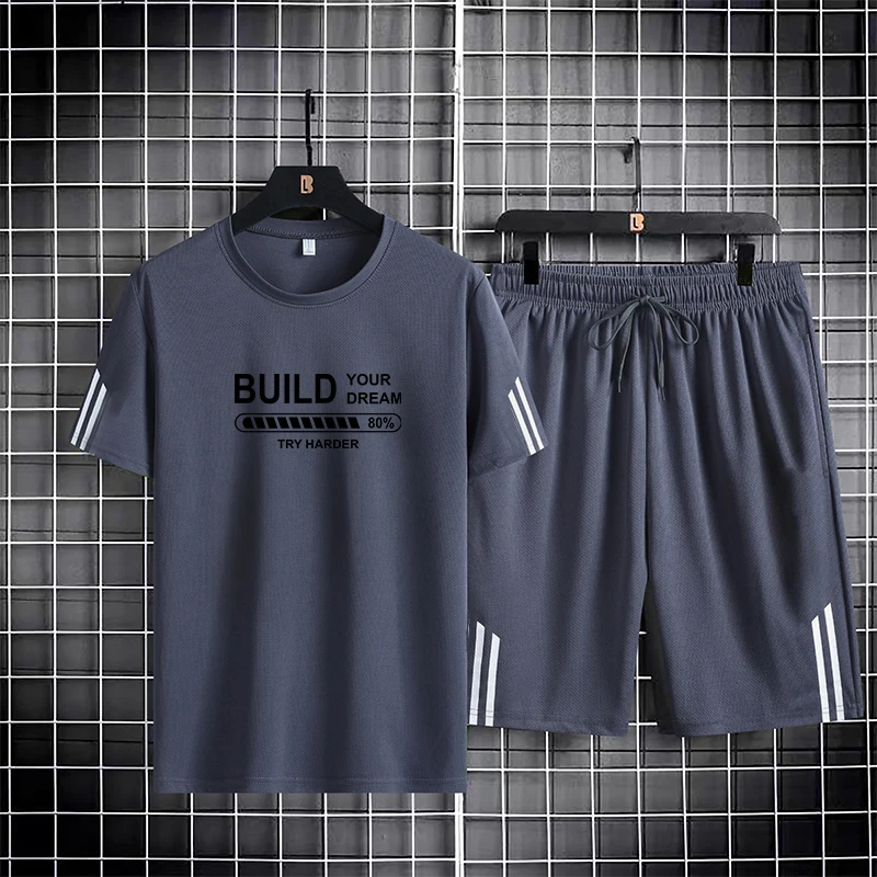 Ice Silk Quick Drying Sports Set Couple Three Bars Summer Thin Breathable Trendy Printed Short Sleeve Shorts Set of Two