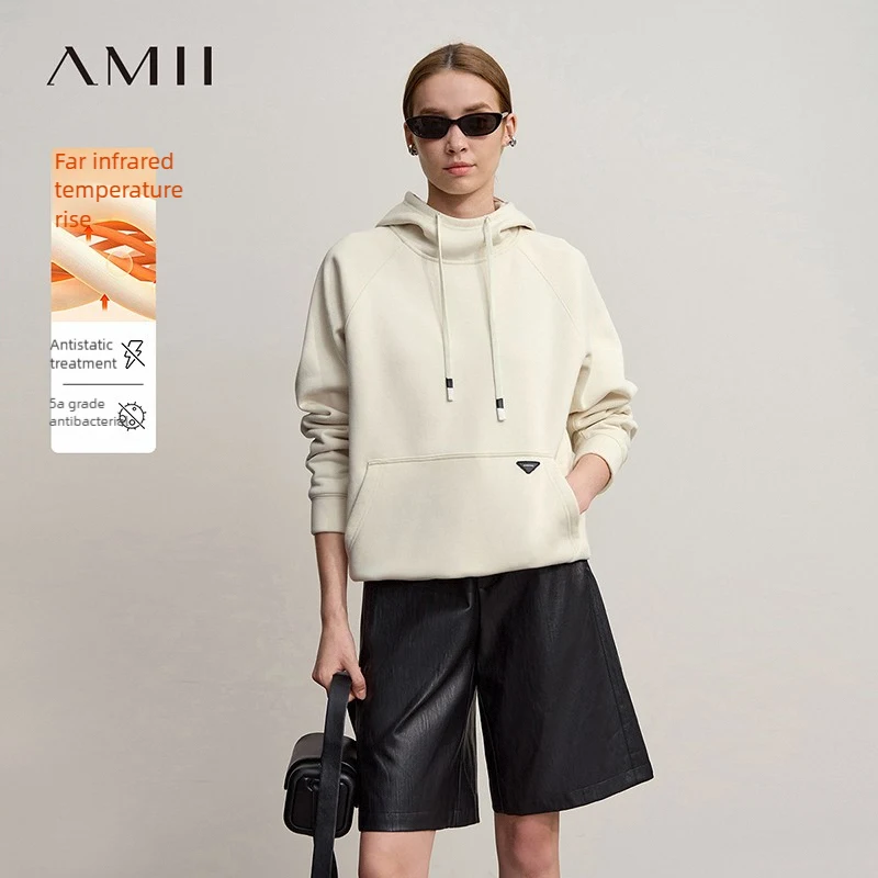 

Amii толстовки с капюшоном, новинка зимы 2025, свободная микроэластичная женская толстовка с длинными рукавами, теплая универсальная женская толстовка 12544111