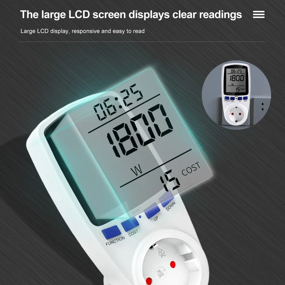 디지털 LCD 전원 계량기 전력계 소켓 전력량 Kwh, 에너지 측정 콘센트, EU 플러그 과부하 보호, 220V