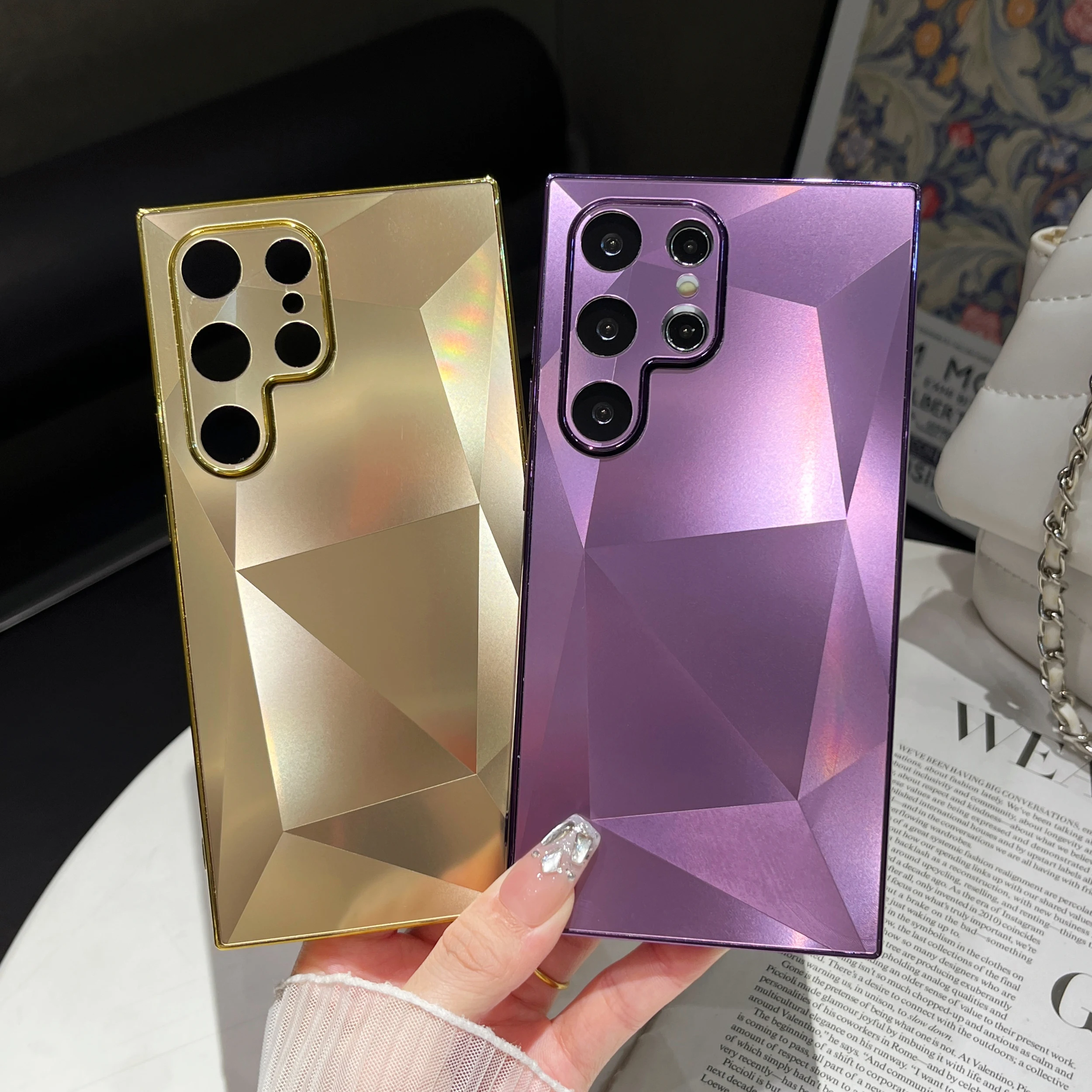 Luxury Plating 3D Diamond Pattern Matte Skin Touch Case for Samsung Galaxy S22 S23 S24 Ultra Shockproof TPU+PC Cover S24 Plus
