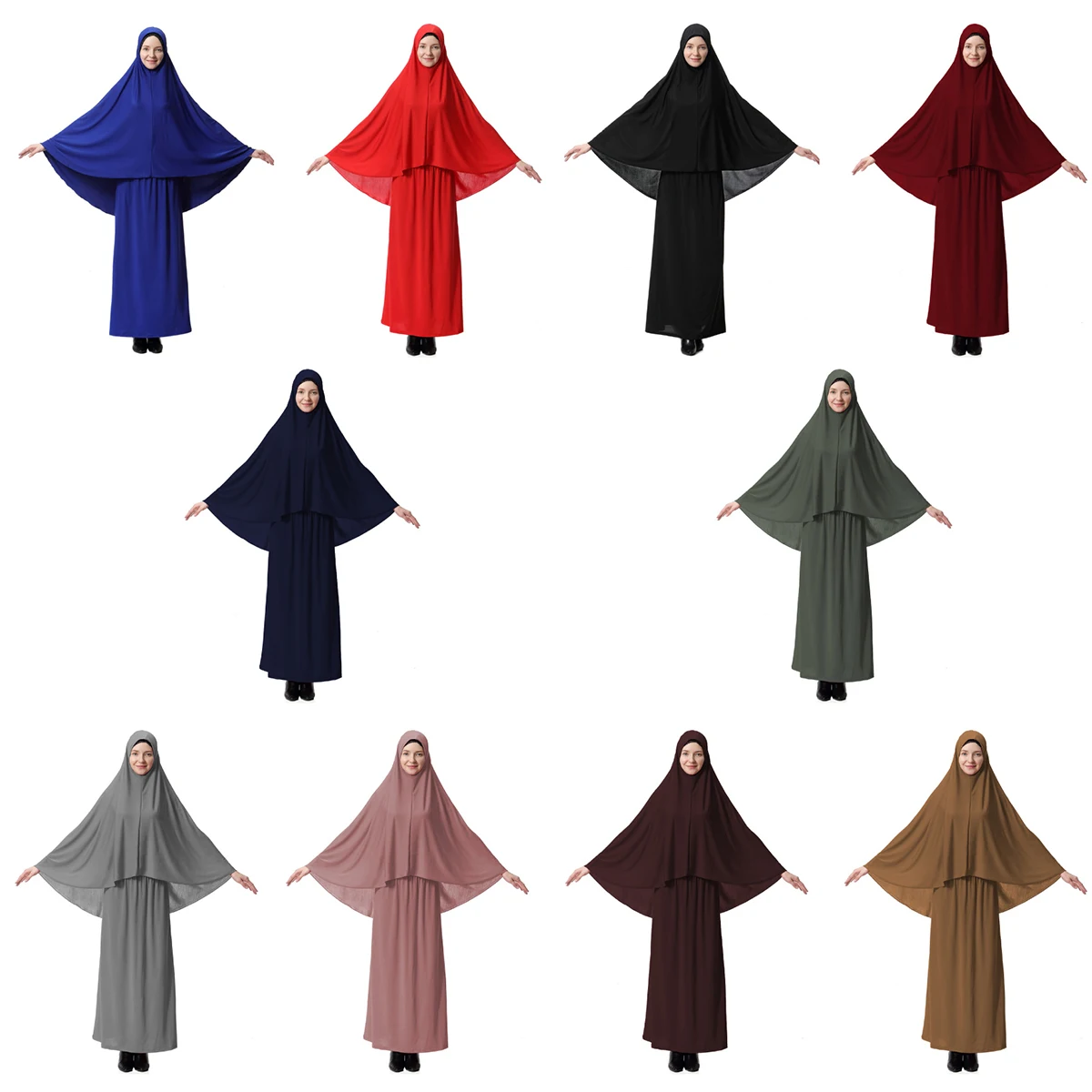 Muslim Women 2 PCS Solid Color Long Hijab Abaya Ankle Length Arab Lady Modest Tube Skirts Prayer Ramadan Eid Clothes