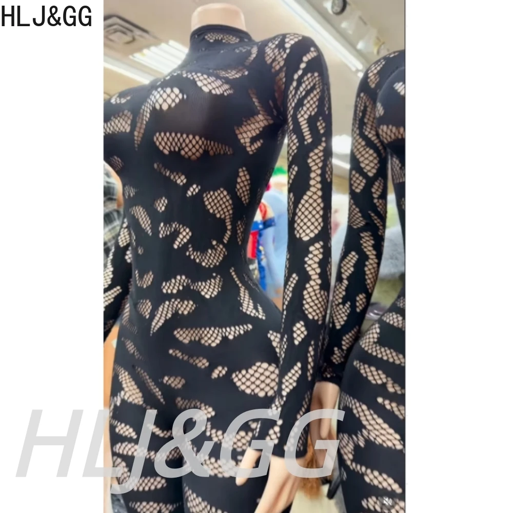 HLJ&GG Sexy Spitzen-Overall mit Durchsichteffekt, figurbetont, einteilig, für Damen, Rundhalsausschnitt, lange Ärmel, schmale Playsuits, modische, dehnbare Overalls
