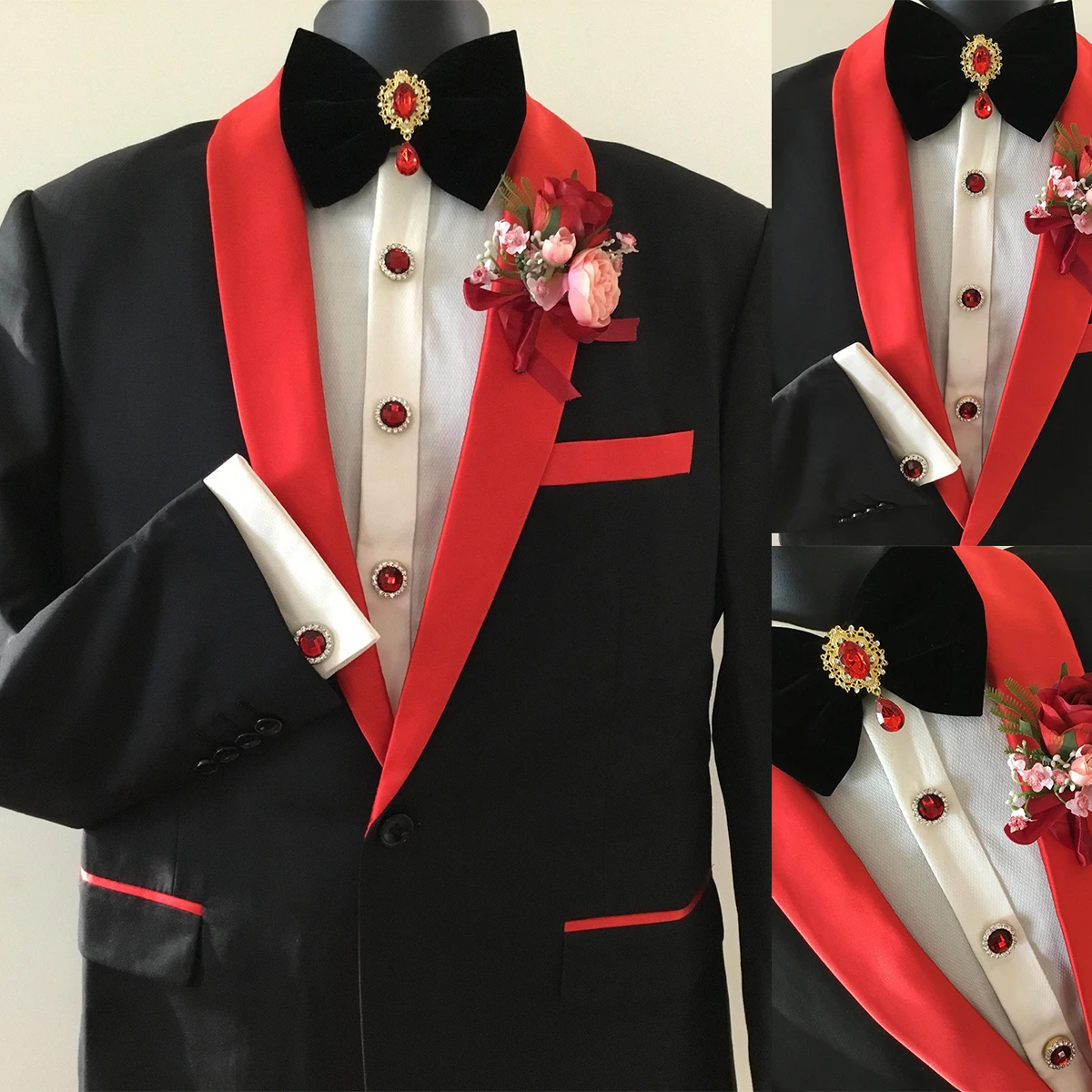 Luxury Men's Wedding Blazer Slim Fit Tuxedos Red Shawl Lapel Coat Groom Wear Prom Evening Party Custom Made Only One Jacket