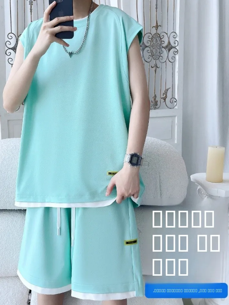 

Комплект для баскетбола Ice Silk: мужская летняя тонкая свободная футболка и спортивный жилет для молодежи, впитывающий пот, легкий