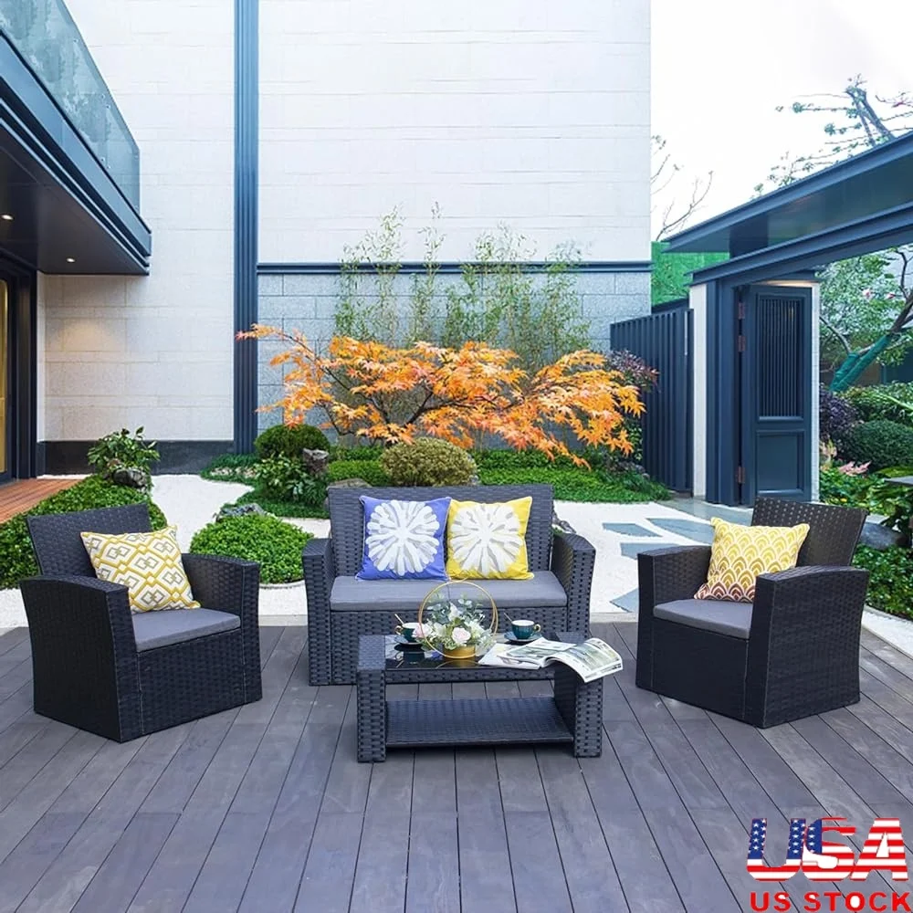 

4 Piece Outdoor Wicker Patio Furniture Cushions Rust Resistant Steel Frame Garden Seating Set