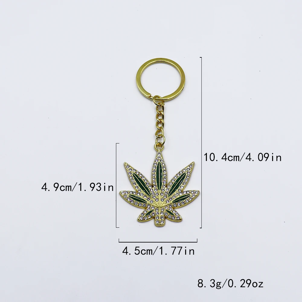 Full Rhinestone Laid Luxury Keychain Green Color Alloy Maple Leaft Pendant for Backpack Bags Car Keys Promotion Gift Keyring