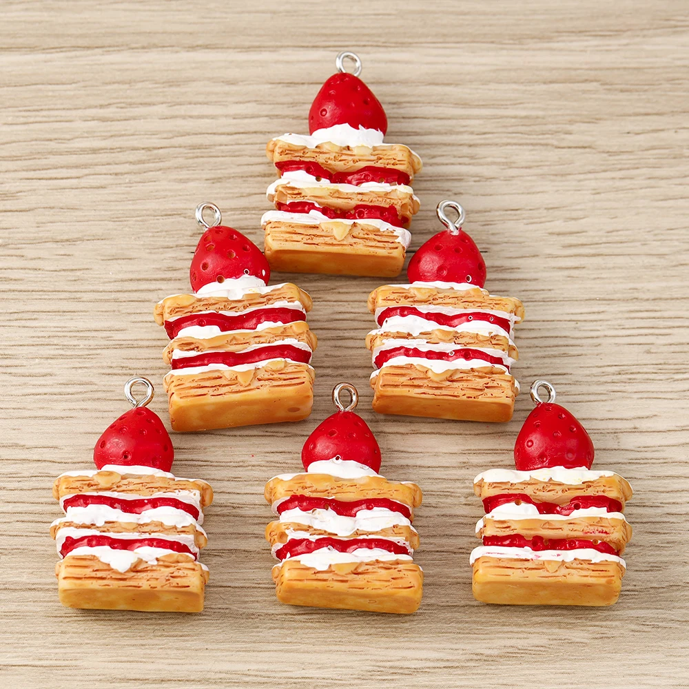 Tusember 10 Stück Niedliche Cartoon-Harz-3D-Erdbeer-Kuchen-Anhänger für Schmuckherstellung, Armbänder, Halsketten, DIY-Schlüsselanhänger – Detail 5