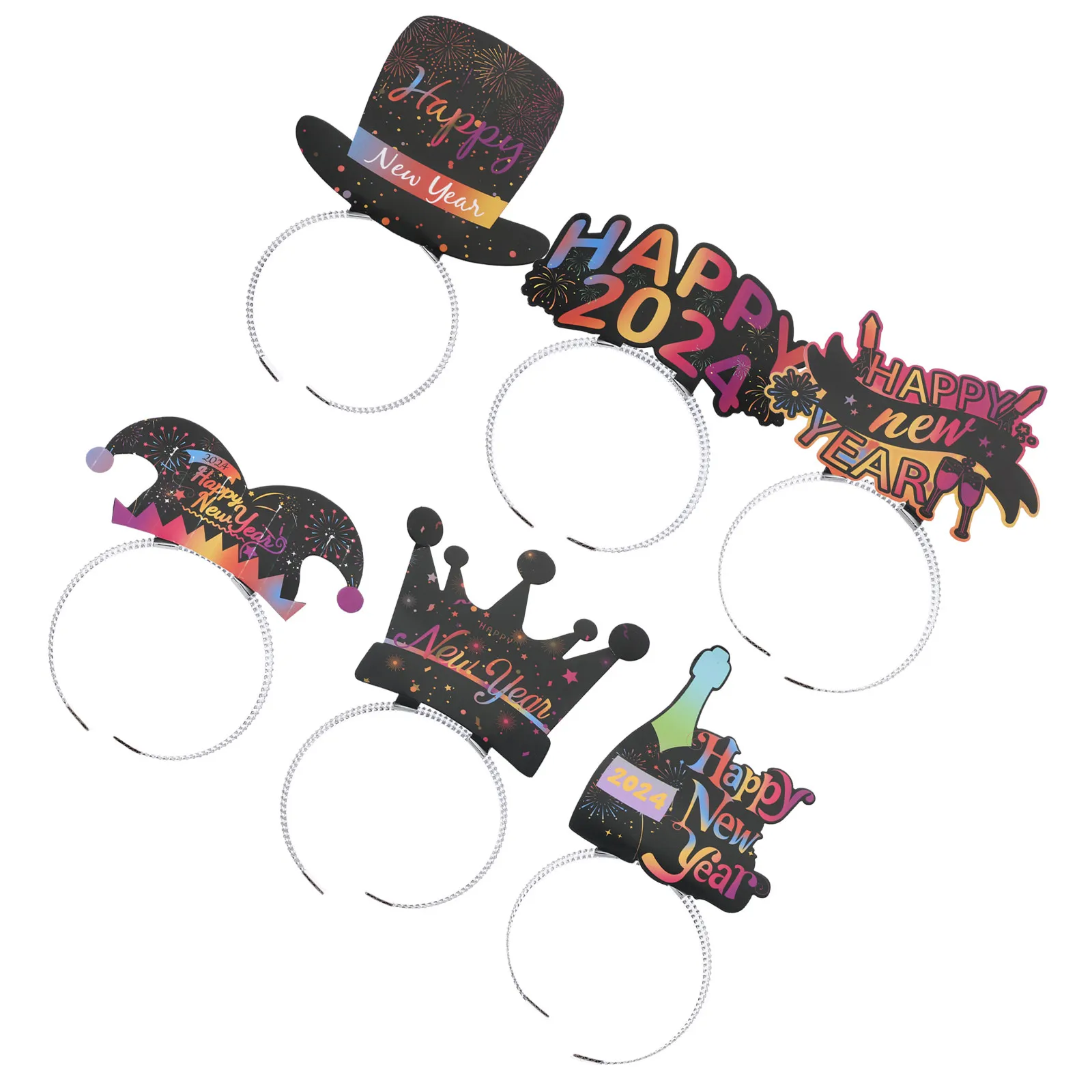 

6Pcs New Year Hair Hoops Party Headwear Creative Happy New Year Theme Lightweight Non-Slip Hair Bands for Holiday Celebration