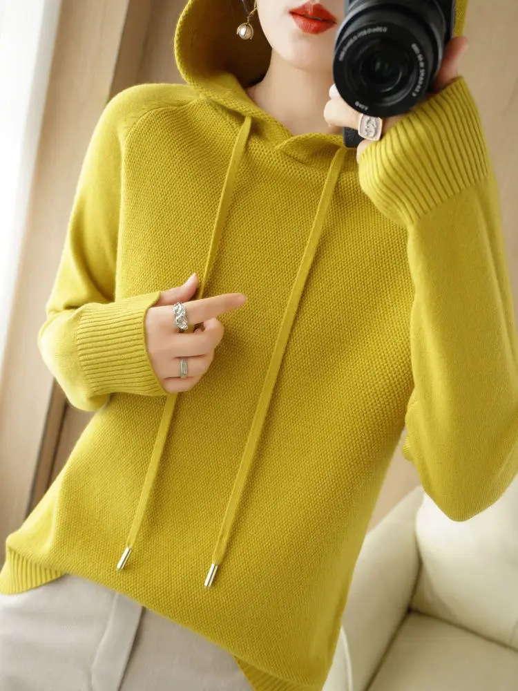 Pull à capuche pour femme automne hiver à manches longues chemise à fond chaud solide pulls décontractés hauts en tricot pull coréen 2025 rouge