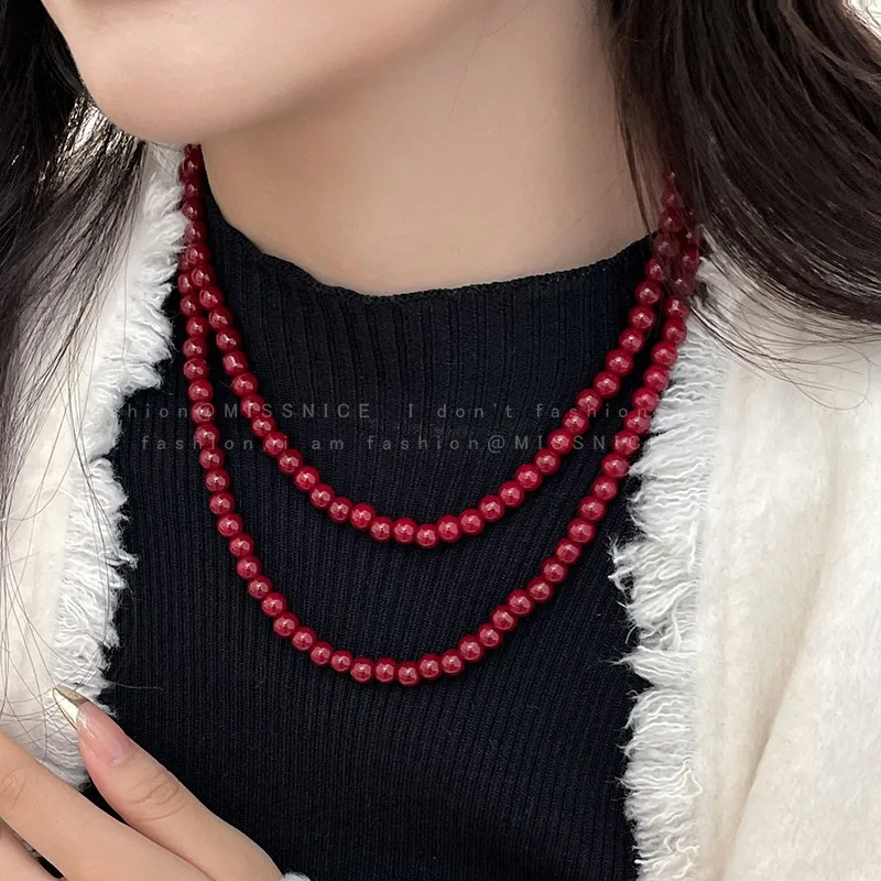 Necklace Red Pearl Beads Burgundy Ingot Clasp Unique Vintage Classic Sweater Chain Women Premium Quality Elegant Versatile