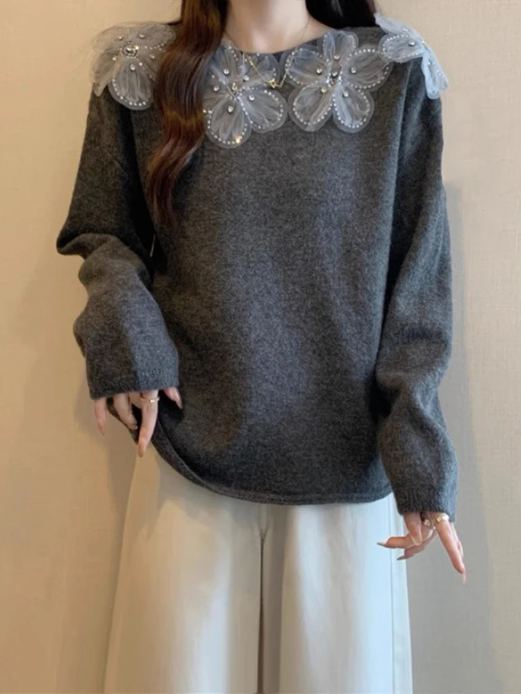 Elegant Diamond Embedded Grey Rice Noodle Shoulder Women's Sweater Autumn Large Size Fluffy Flower Knitted Top Trendy Upperwear