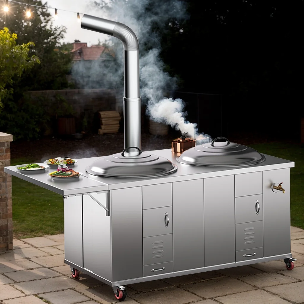 

Outdoor Double-Burner Wood-Burning Stove Flat-Body with Copper Water Tank Waterproof for Cooking Delicacies and Barbecues