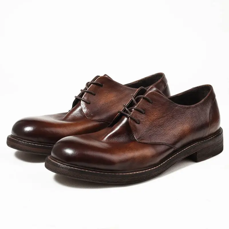 Men's Leather Shoes, British Retro Handmade Business Shoes, Distressed Brown Genuine Leather Casual Shoes, Round-Toe Low-Top Breathable Wedding Shoes