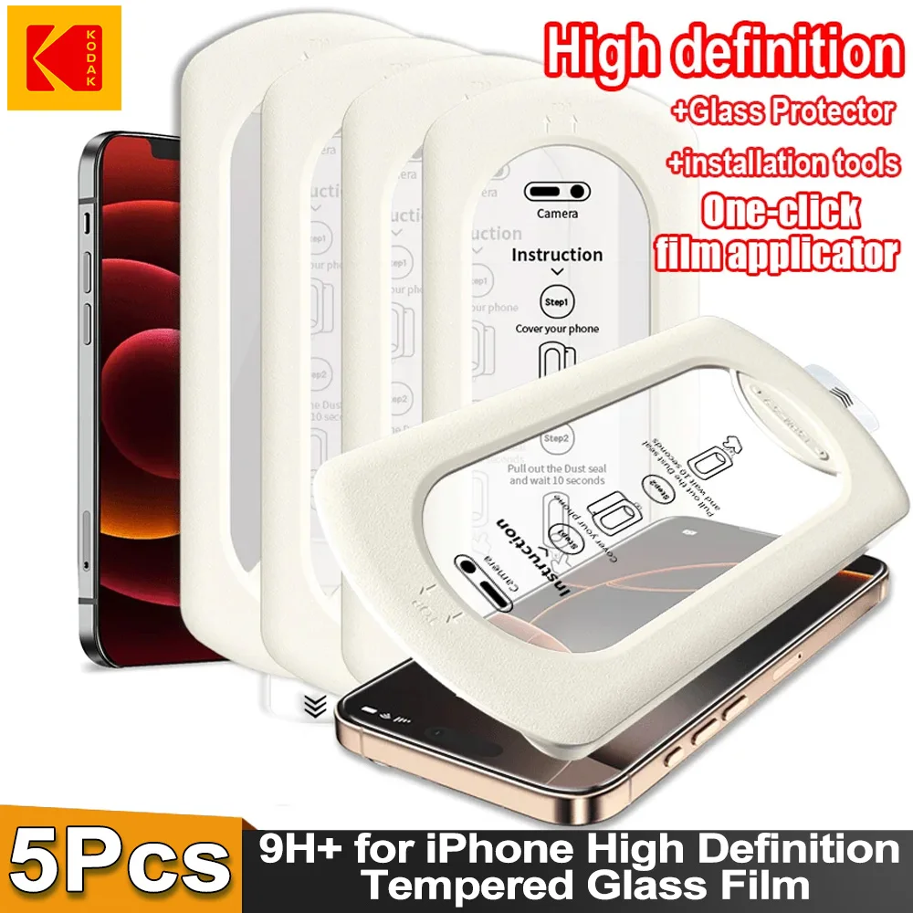 

Kodak 5PcsiPhone Tempered Glass Protective Film 16/15 Plus ProMax Anti-Fingerprint Full Coverage with Easy Installation Case