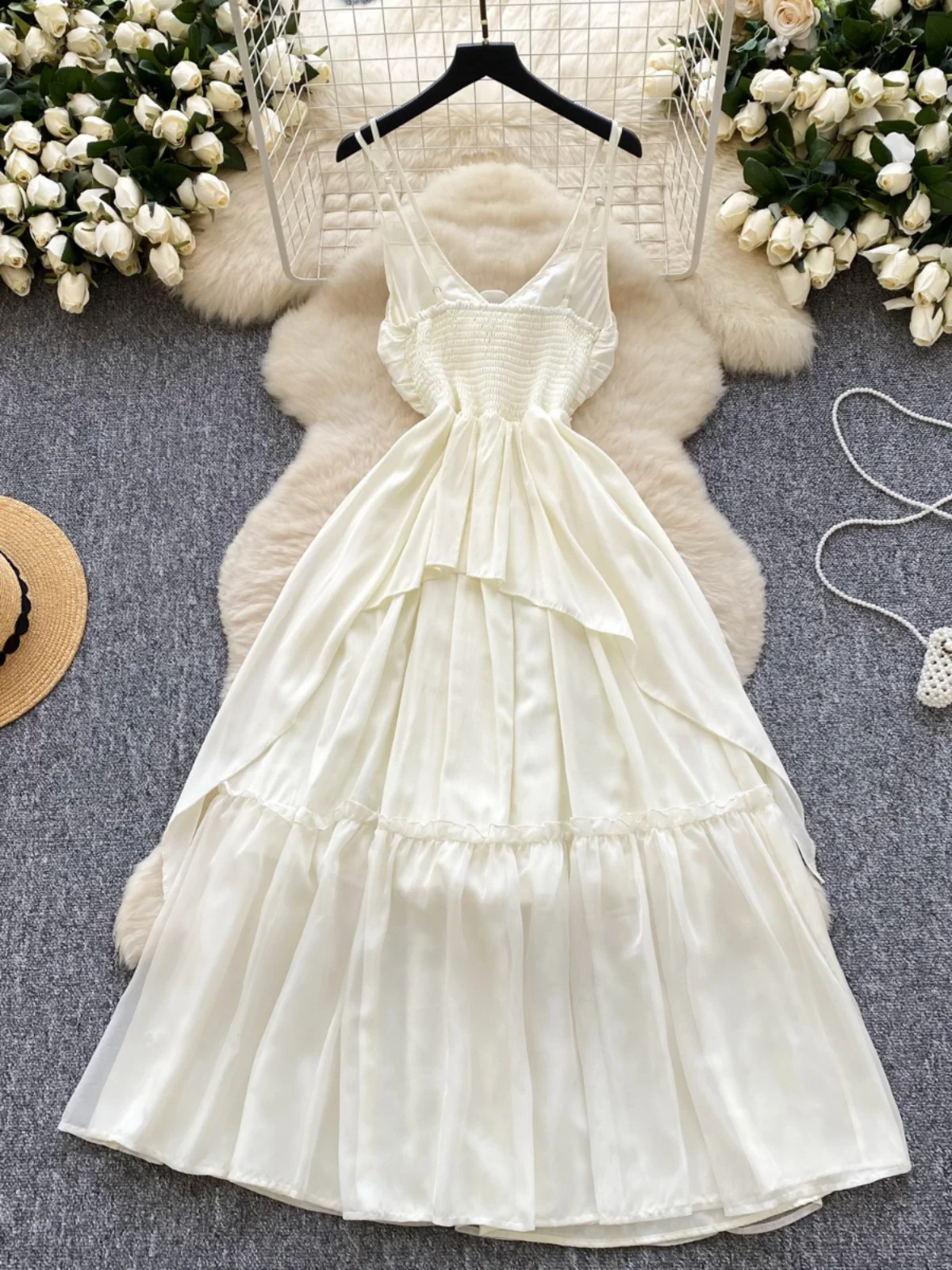 Vestido largo sin espalda con encaje y tirantes de flores 3D "Gentle Breeze" para mujer, estilo hada, ideal para vacaciones, ...